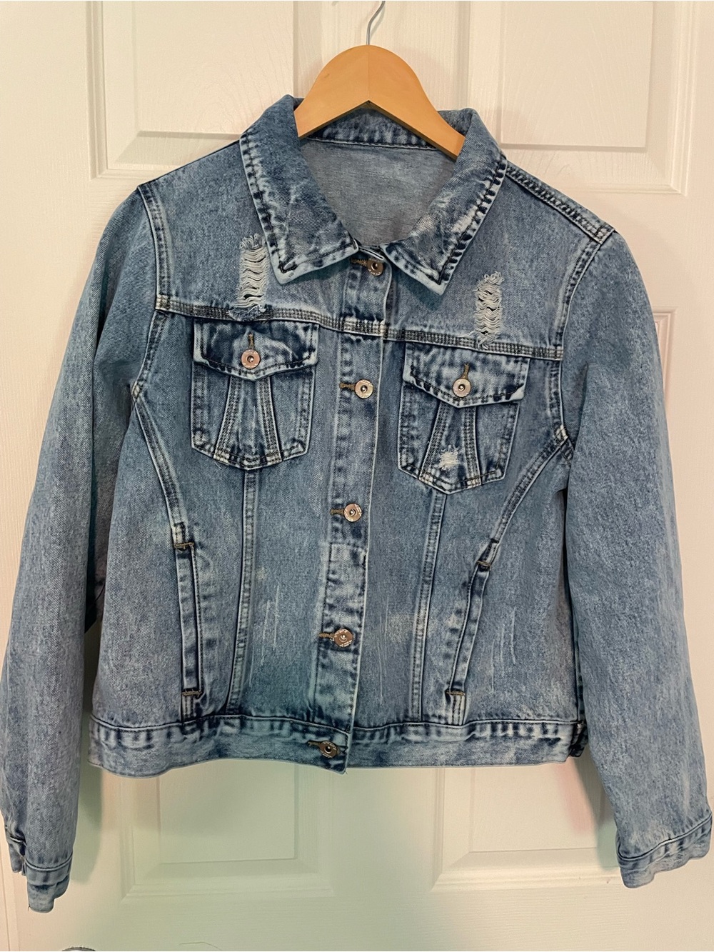 Light Blue Distressed Denim Jacket - Women